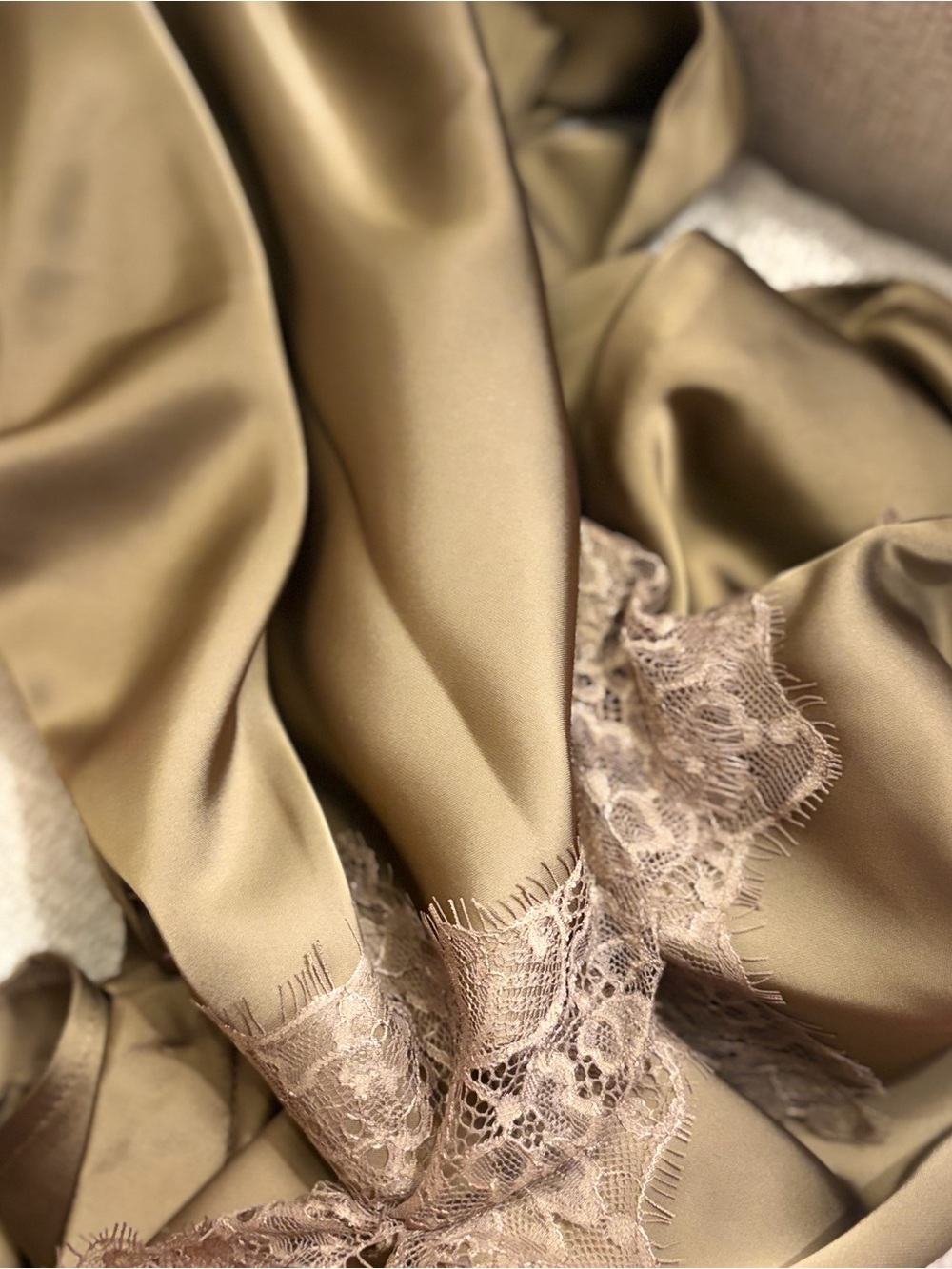 Olive Green Lace-Trim Satin Chemise Nightdress - Picture 4 of 7